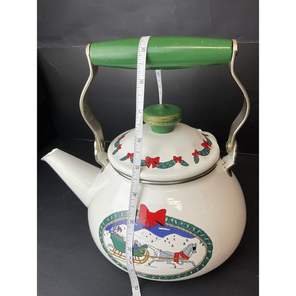 Vintage Mervyn's Porcelain on Steel Holiday Tradition Tea Kettle Winter Sleigh - Picture 12 of 13